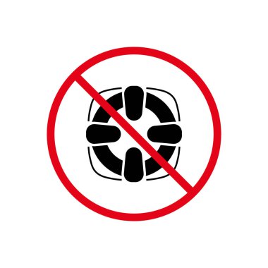 SOS Yaşam Şamandırası Siyah Siluet Simgesini Yasaklayın. Yüzme Bölgesi Bilgisi Yasaklama İşareti Yok. Plaj Pictogram 'ında Lifebuoy Acil Servisi' ni yasaklayın. Cankurtaran Kırmızı Durak Çemberi Sembolü. İzole Vektör İllüstrasyonu.