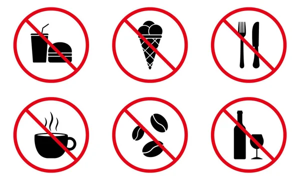 Yasak Kahve Çayı Piktogram Seti. Siyah Siluet Simgesini Yasaklayın. Sağlıksız Gıda Kırmızı Durak Sembolü. Meşrubat tabelasıyla giriş izni yok. Dondurma yasaktır. İzole Vektör İllüstrasyonu.