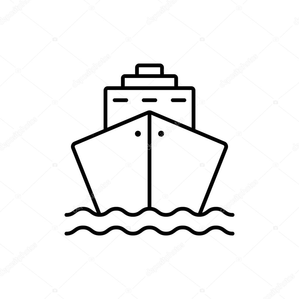 Black Cruise Ship Line Icon. Ocean Vessel Icon in Front View Linear Pictogram. Cargo Boat Outline Icon. Marine Sign for Freight, Passenger Travel. Editable Stroke. Isolated Vector Illustration.