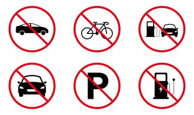 Araç Tekerleği Siyah Siluet Simgesini yasakladı. Bisiklet Pictogramını yasakla. Benzin istasyonu Kırmızı Durak Çemberi Sembolü. Otomotiv Yolu İşareti Yok. Park etmek yasak. İzole Vektör İllüstrasyonu.