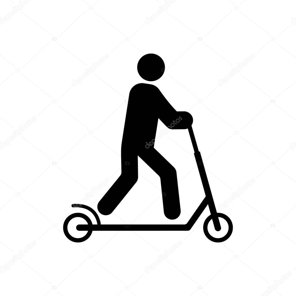 Man on Kick Scooter Black Silhouette Icon. Person on Trotinette Glyph Pictogram. Rent Ecology Mobility Transport Flat Symbol. Male Push Wheel Bicycle. Kick Scooter Sign. Isolated Vector Illustration.