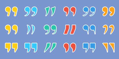 Alıntı Simgelerinin Çift virgül İşaretleri. Tırnak işareti çıkartmaları seti. Mavi Arkaplanda Renk Alıntılama İşaretleri. Konuşmanın Noktalama Sembolü. İzole Vektör İllüstrasyonu.