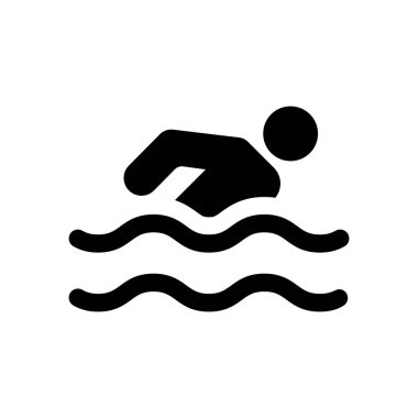 Atlet Çubuk Adam Deniz Siyah Siluetinde Yüzüyor. Havuz Glyph Pictogram 'ında Spor Yüzücü Dalışı. Su Düzlüğü Sembolündeki İnsan Basit Şekil Hareketi. İnsanlar sahilde yüzer. İzole Vektör İllüstrasyonu.
