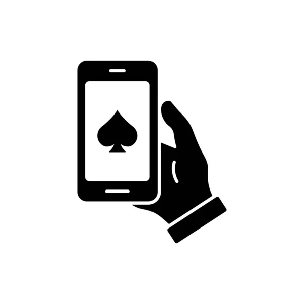 携帯電話ブラックシルエットアイコン上のオンラインポーカークラブ Internet Casino Cellphone Glyph Pictogram 成功ラッキージャックポットギャンブルカードフラットシンボルを再生します 絶縁ベクトルイラスト — ストックベクタ