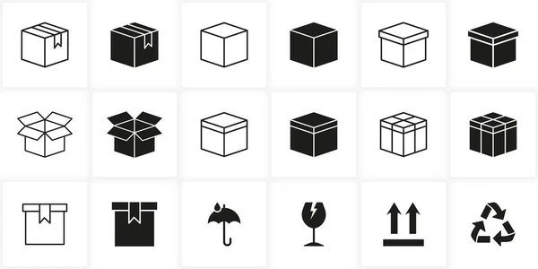 Conjunto Iconos Línea Silueta Cajas Cartón Paquete Con Símbolo Reciclaje — Archivo Imágenes Vectoriales