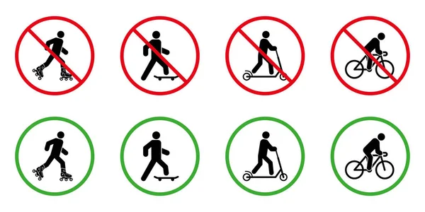 Cuidado Proibir Rollerskate Skate Bicicleta Kick Scooter Pictograma Set Não — Vetor de Stock
