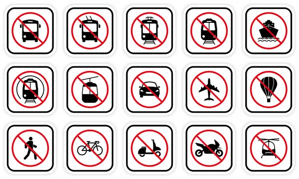 Заборонені Автомобілі Поїзди Велосипеди Тролейбуси Автобуси Трамваї Велосипеди Силуети Заборонив — стоковий вектор
