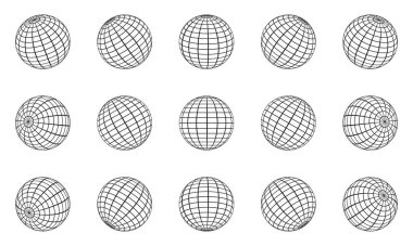 Globe Grid Sphere Set. 3D Wire Global Earth Latitude, Longitude. Geometric Grid Globe. Wired Line 3D Planet Globe. Round Grid Mesh Ball. Wireframe Globe Surface. Isolated Vector Illustration. clipart