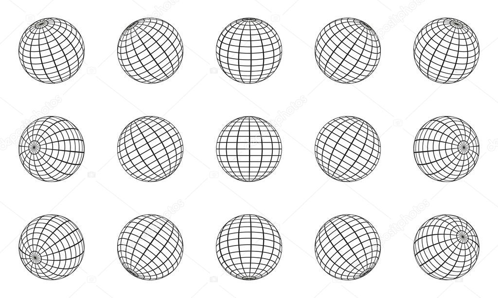 Globe Grid Sphere Set. 3D Wire Global Earth Latitude, Longitude. Geometric Grid Globe. Wired Line 3D Planet Globe. Round Grid Mesh Ball. Wireframe Globe Surface. Isolated Vector Illustration.