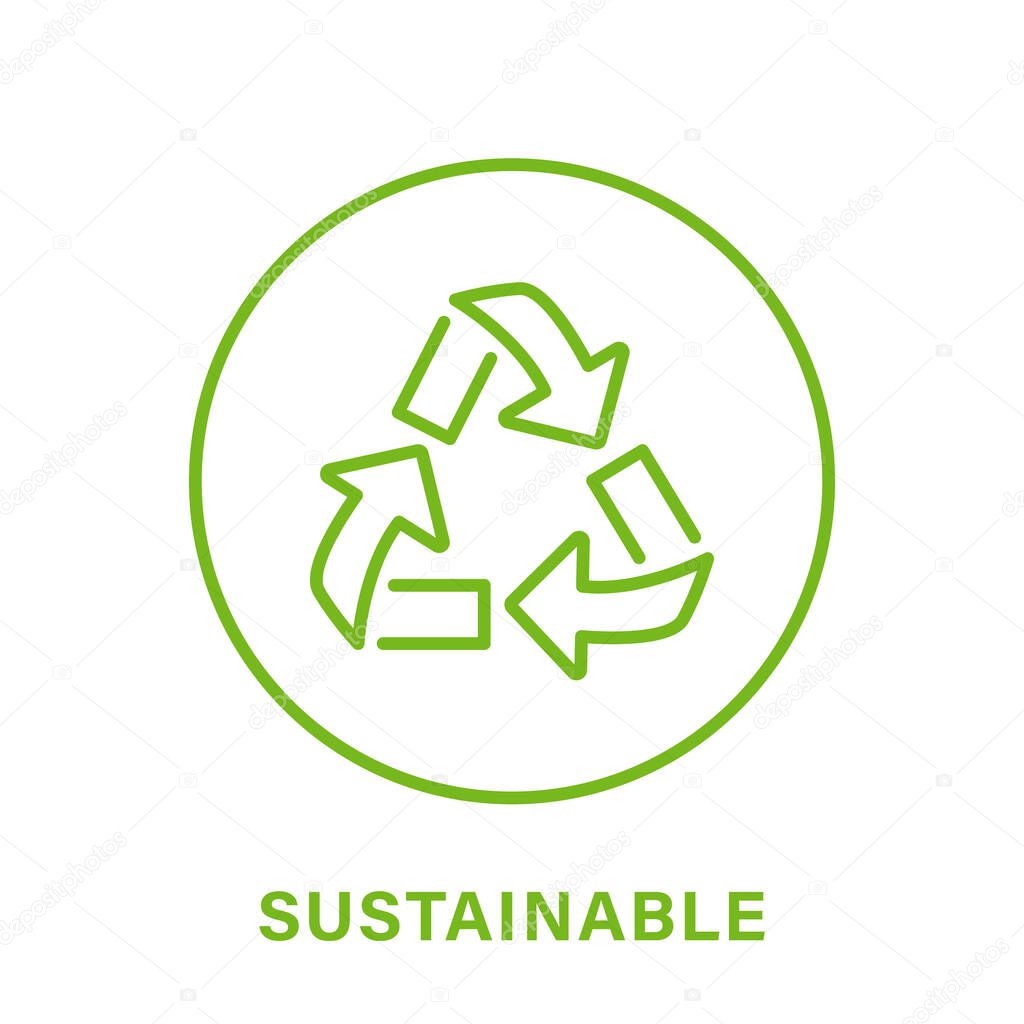 Sustainable Line Green Icon. Sustainability Nature Outline Pictogram. Eco Recycle Icon. Arrow Sustainable Symbol. Biodegradable Food Product Seal. Zero Waste Sign. Isolated Vector Illustration.