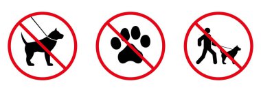 Yasak Köpek Yürüyüşü Piktogramı. Kırmızı Dur Çemberi Sembolündeki Köpekli Adam. Paw Footprint Siyah Siluet Simgesini Yasaklayın. Evcil hayvan işareti yok. Yasak Park Bölgesi. İzole Vektör İllüstrasyonu.