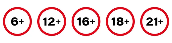 年龄限制以下的玩具禁止使用象形文字 21岁加上红色停车圈符号 禁止儿童没有年龄不足的标志 年龄加上年龄较大的黑色轮廓图标 孤立的病媒图解 — 图库矢量图片