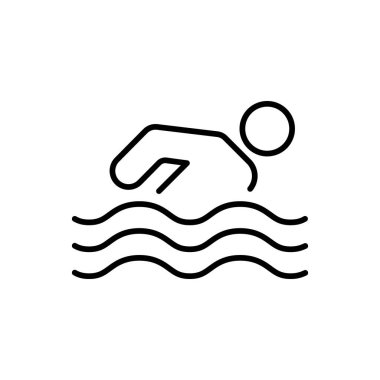 Atlet Çubuk Adam Deniz Siyah Çizgisi Simgesinde Yüzüyor. Havuz Dış Hattı Pictogram 'ında Spor Yüzücü Dalışı. Su Düzlüğü Sembolündeki İnsan Basit Şekil Hareketi. Düzenlenebilir Vuruş. İzole Vektör İllüstrasyonu.