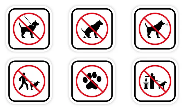 禁止犬黒シルエットアイコンセット ペットの入場を禁止するピクトグラムを歩く パークゾーンレッドストップシンボル 動物トイレの標識はありません 犬は禁止 犬の糞の後できれいにする 絶縁ベクトルイラスト — ストックベクタ