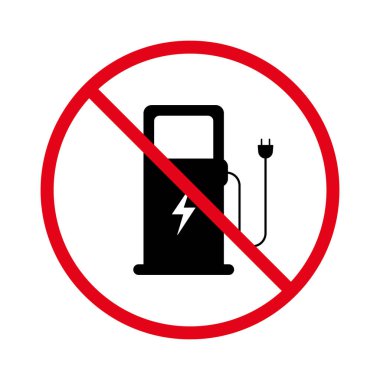 Yasak Araba Elektrik Santrali Pictogram. Siyah Siluet Simgesini Yasaklama Hizmeti. Kırmızı Yakıt Çemberi Sembolünü Yasaklayın. İzin Verilen Elektrik İstasyonu Tabelası Yok. İzole Vektör İllüstrasyonu.