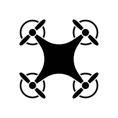 İHA Kara Siluet Simgesi. Uzaktan kumandalı radyo kontrol glyph piktogramında bir kuadkopter. İnsansız Askeri Helikopter Düz Sembolü. UAV Hava Aracı Fotoğraf Kamerası İşareti. Drone Simgesi. İzole Vektör İllüstrasyonu.