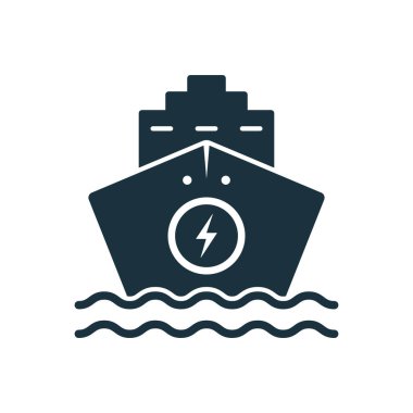 Elektro Gemi Silueti Siyah Simge. Ekoloji Denizci Taşımacılık Tabelası, Yolcu Seyahati. Alternatif Eko Taşımacılık Simgesi. Elektrikli Kargo Teknesi Pictogramı. İzole Vektör İllüstrasyonu.