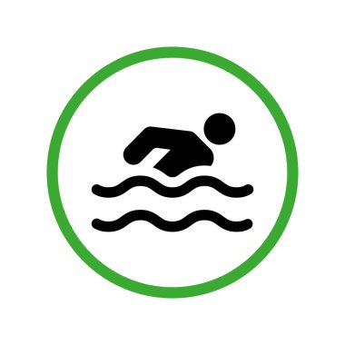 Dikkat Yüzme Bölgesi Siyah Siluet Simgesi. Yüzücüye İzin Verilen Pictogram. Yeşil Çember Sembolü 'ne izin verin. Plaj İnsanların Yüzmesine İzin Veriyor. İzole Vektör İllüstrasyonu.