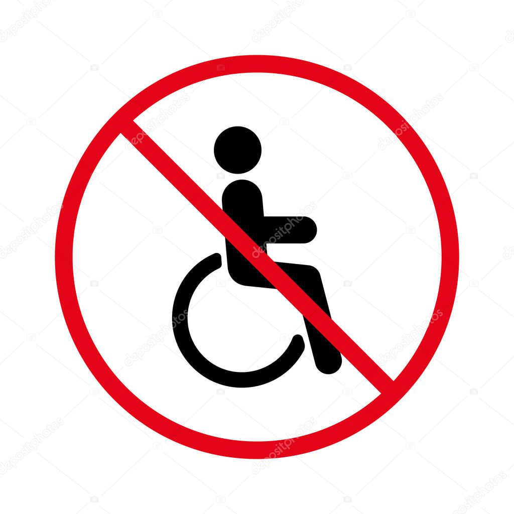 No Allowed Wheelchair Sign. Ban Handicap Parking Zone Black Silhouette Icon. Forbidden Handicapped Pictogram. Prohibited Disabled Person on Wheel Chair Red Stop Symbol. Isolated Vector Illustration.