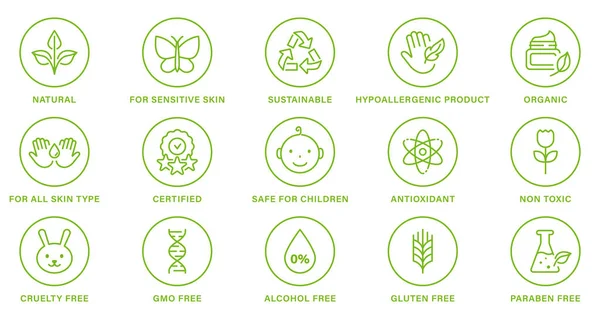 Kozmetik Organik Ürün Hattı Yeşil Pul. Doğal Sağlıklı Biyolojik Gıda, Acımasız, Alkolsüz ve Paraben Etiketi. Doğa Sürdürülebilir Ürün Taslak Yapıştırması. İzole Vektör İllüstrasyonu.
