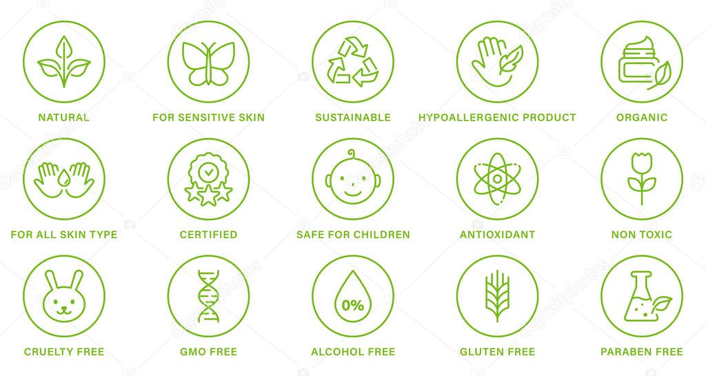 Cosmetic Organic Product Line Green Set Stamp. Natural Healthy Eco Bio Food, Cruelty Free, Non Alcohol and Paraben Label. Nature Sustainable Product Outline Sticker. Isolated Vector Illustration.