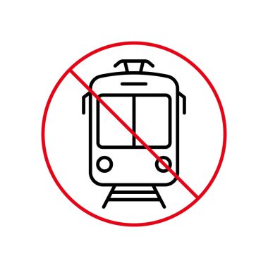 Tramvay Yasağı Siyah Hat Simgesi. Tram Way Yasak Piktogram Hattı. Elektrikli Tramvay Kırmızı Durak Çemberi Sembolü. Uyarı: Tramvay Yolu İşareti Yok. Eski Halk Tramvayı Yasaklandı. Vektör İllüstrasyonu.