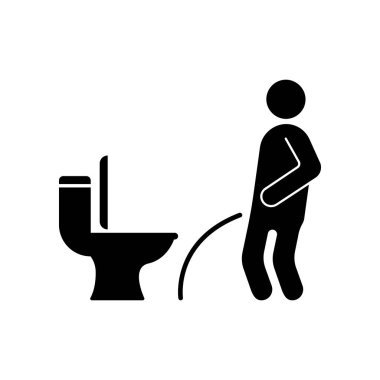 Man Miss Toilet Black Silhouette Icon. Men Pissing Glyph Pictogram. Urinating Male in Public WC Flat Symbol. Peeing Boy in Restroom. Closet Washroom Label. Keep Clean. Isolated Vector Illustration.