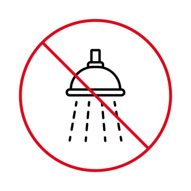 Information No Allowed Bathroom Sign. Warning Ban Wash Water Bath Black Line Icon. Forbidden Use Shower Pictogram. Prohibited Bathtub Red Stop Outline Symbol. Isolated Vector Illustration.