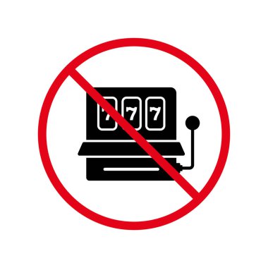 Prohibited Fruit Machine 777 Jackpot Red Stop Circle Symbol. No Allowed Gambling Lottery Sign. Ban Slot Machine Black Silhouette Icon. Forbidden Play Casino Pictogram. Isolated Vector Illustration.