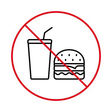 Prohibit Unhealthy Meal. Forbid Fast Junk Food Hamburger Cola Pictogram. Beverage Stop Symbol. No Allowed Drink Eat Burger Sign. Ban Soda Sandwich Black Line Icon. Isolated Vector Illustration.