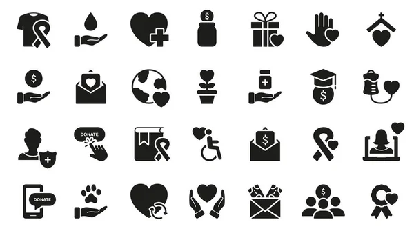 Charity Und Spende Silhouette Icons Set Hilfe Geben Geld Kleidung — Stockvektor