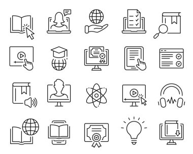 Online Education in School ve University Line Icon Set. Bilgisayar Kursları Dijital Çalışması Doğrusal Pictogram. Web Kitabı, Teknoloji Kütüphanesi ana hatlı sembol. Düzenlenebilir Vuruş. İzole Vektör İllüstrasyonu.