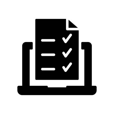 Çevrimiçi Sınav, Test, Anket ya da Aygıt Ekranındaki Kontrol Listesi. Online Survey Siluet Simgesi olan dizüstü bilgisayar. Çevrimiçi Eğitim ve Eğitim konsepti. Vektör İzole Resimleri.