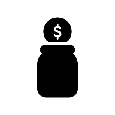 Düşen Bozuk Para Siluet Simgesiyle Para Kutusu. Kara Piktogram Para Toplamak için Cam Kavanoz. Para Kaydetme Simgesi için bir şişe. İzole Vektör İllüstrasyonu.