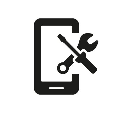 Yazılım Servisi Smartphone Siluet Pictogram. Cep telefonunun yapılandırılması ve teknik desteği. Mobil Telefon Siyah Simgesi Uygulamaları Ayarlanıyor. Vektör İzole Resimleri.