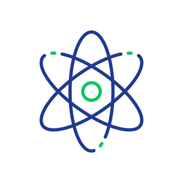 Икона Атомной Линии. Научный символ атома. Знак образования и науки. Структура Ядра Атома. Протоны, нейтроны и электроны линейная икона. Редактируемый удар. Векторная изолированная иллюстрация.