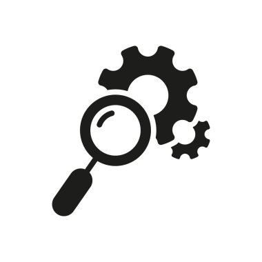 Vitesli Büyüteç. Arama ve Kontrol Servisi. Cogwheel Black Icon 'lu Loupe. Fabrika Mekanizmasının Bakımı. İzole Vektör İllüstrasyonu.