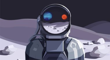 Uzayın vektör çizimi, Ay 'daki astronot, Ay' ın miğferinde ve cıvada bir yansıma, poster, pankart ya da arka plan için. Çokgen biçimi.