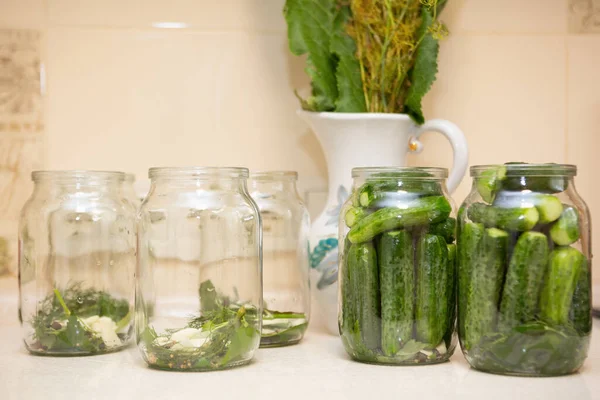 Some Rural Organic Cucumbers Placed Jars Canning Some Jars Still — Stockfoto