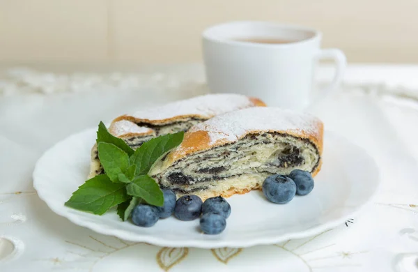 Plate Poppy Seed Cake Table Cup Tea Next — Fotografia de Stock