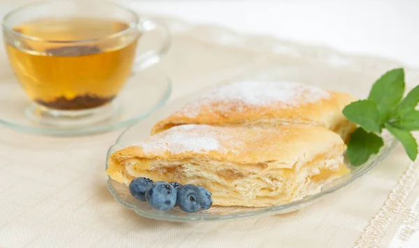 Two Slices Apple Pie Blueberries Mint Leaves Plate Cup Tea — Foto de Stock