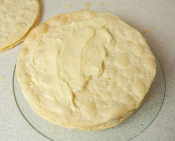 Making Homemade Napoleon Cake Cakes Smeared Cream — Photo