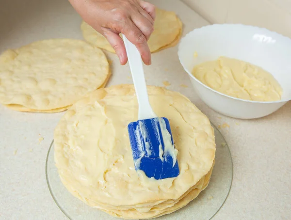 Making Homemade Napoleon Cake Smear Cream Each Cake — Photo