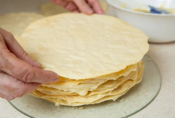 Making Homemade Napoleon Cake Spreading Cream Previous Cake Put Another — Foto Stock