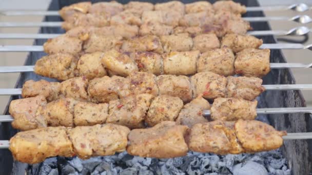 Pieces Meat Roasted Coals Shashlik Should Constantly Turned Other Way — Vídeos de Stock