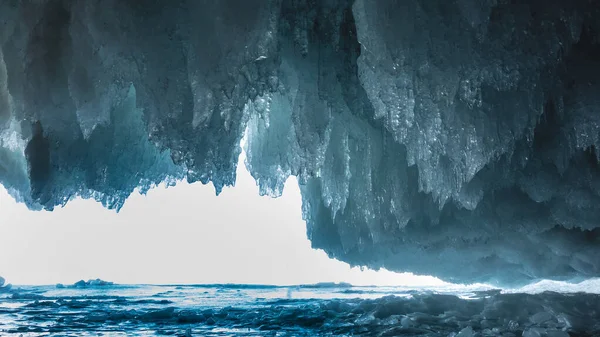 Exit Ice Cave Surrounded Rows Blue Shiny Icicles Lace Frills — Stock Photo, Image