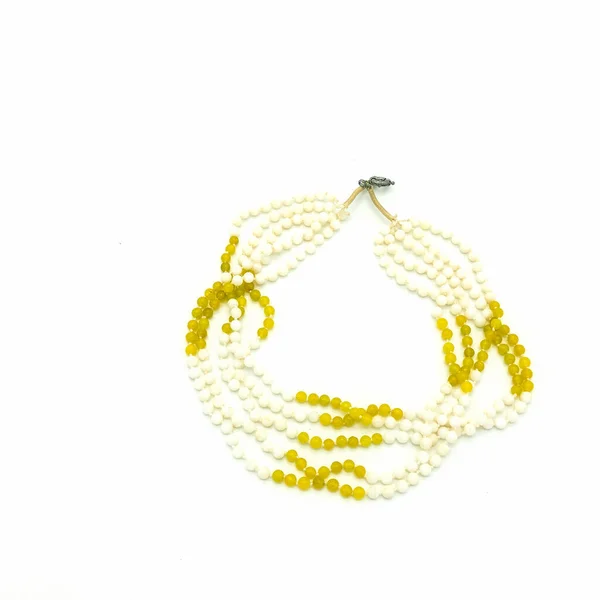 Women Bijouterie Necklace Yellow White Beads Several Threads Intertwined Metal — Stock Photo, Image
