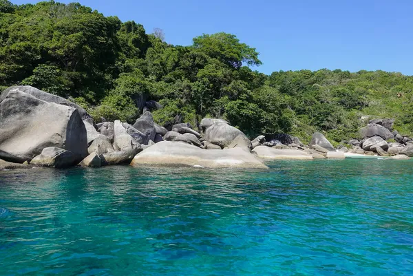 Costa Isla Mar Andamán Hay Rocas Suaves Plantas Verdes Agua — Foto de Stock