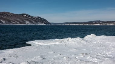 Buzsuz nehrin mavi suyunda dalgalar var. Buzlu kıyılarda kar. Gök kubbesinin arka planında bir dağ sırası. Angara.