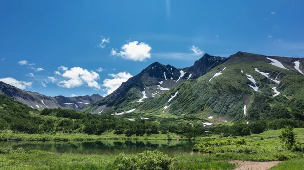 山谷中一个风景如画的湖 毗邻山脉 河岸上有绿色的植被 斜坡上有雪地 水面上的反光 蓝天夏天的一天堪察加半岛 — 图库照片